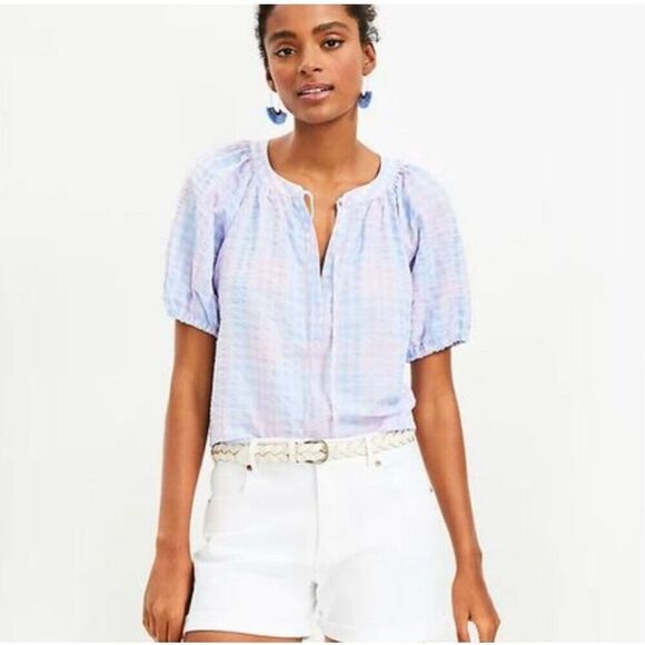 NWT LOFT Large Petite Blouse Puff Sleeve Gingham Pastel Blue Pink LP Tie Spring - Picture 1 of 16